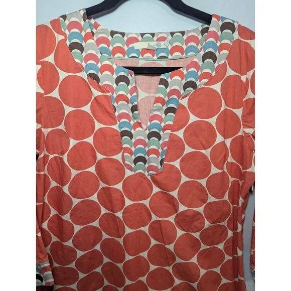 Women's Boden Geometric Blue Orange 3/4 Sleeve Cotton Beach Kaftan Tunic Size 10 - Picture 5 of 13